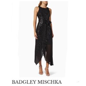 BADGLEY MISCHKA Black Sequins Pleated Asymmetric Cocktail A-Line Midi Dress Sz 6